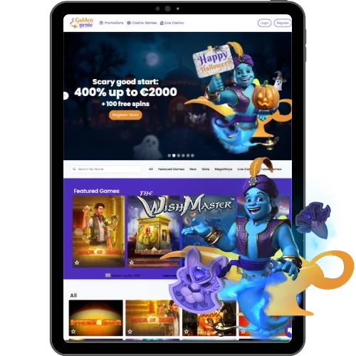 Golden Genie casino lobby shown on a tablet with the genie mascot